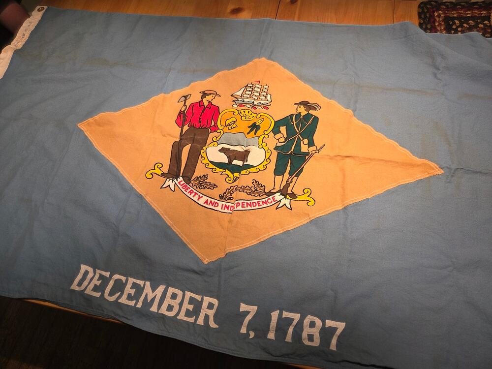 Vtg Embroidered Defiance Delaware State FLAG Blue LARGE Full Size Cotton Bunting